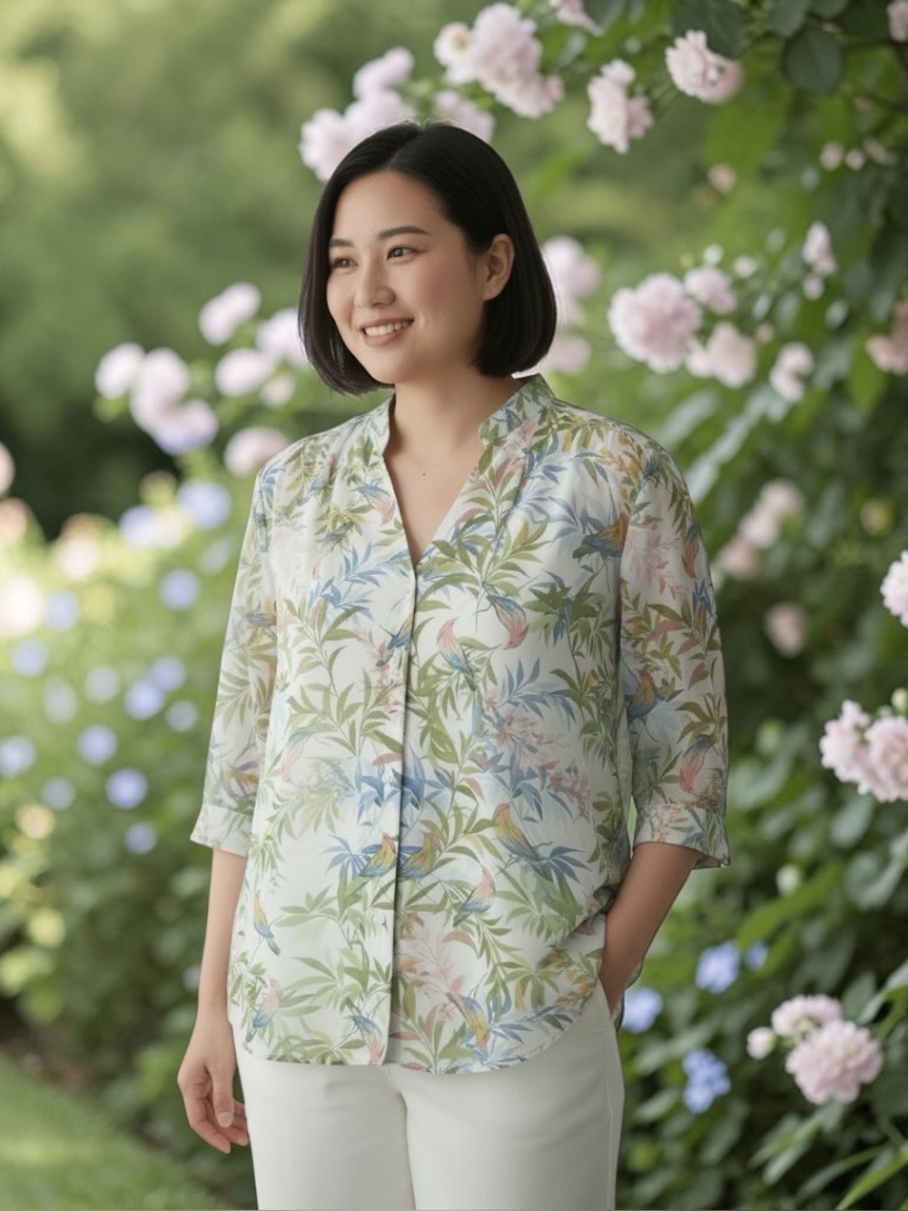 Floral Print Semi-Sheer Button-Front Top